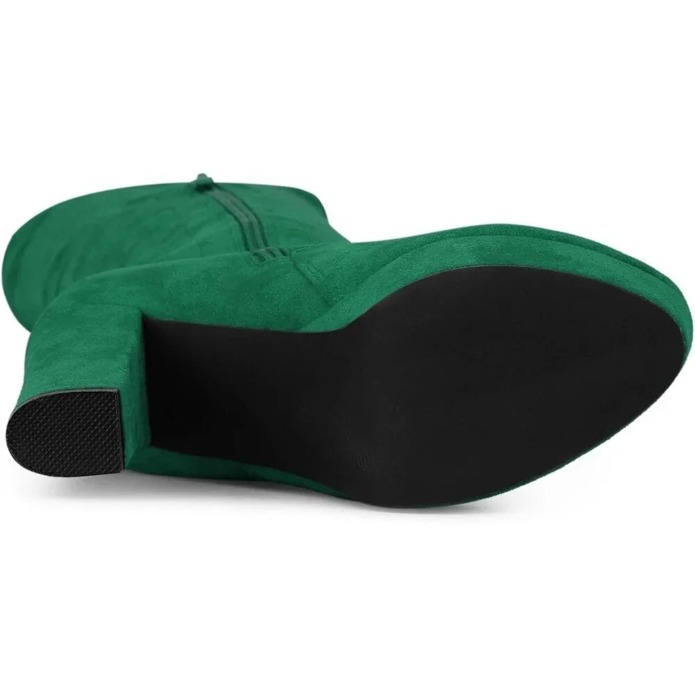 Women Green Suede Chunky Heel Rounded Toe Over the Knee Thigh High Boots
